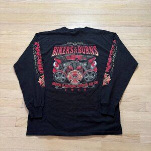 Bikers for Burns Motorcycle Long Sleeve T-Shirt Black Skull Maltese Mens L